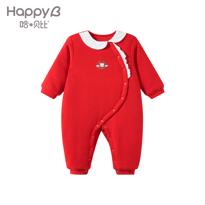哈贝比（happyB）婴儿新年衣服冬红色连体衣女宝宝新生儿加厚冬季纯棉爬服