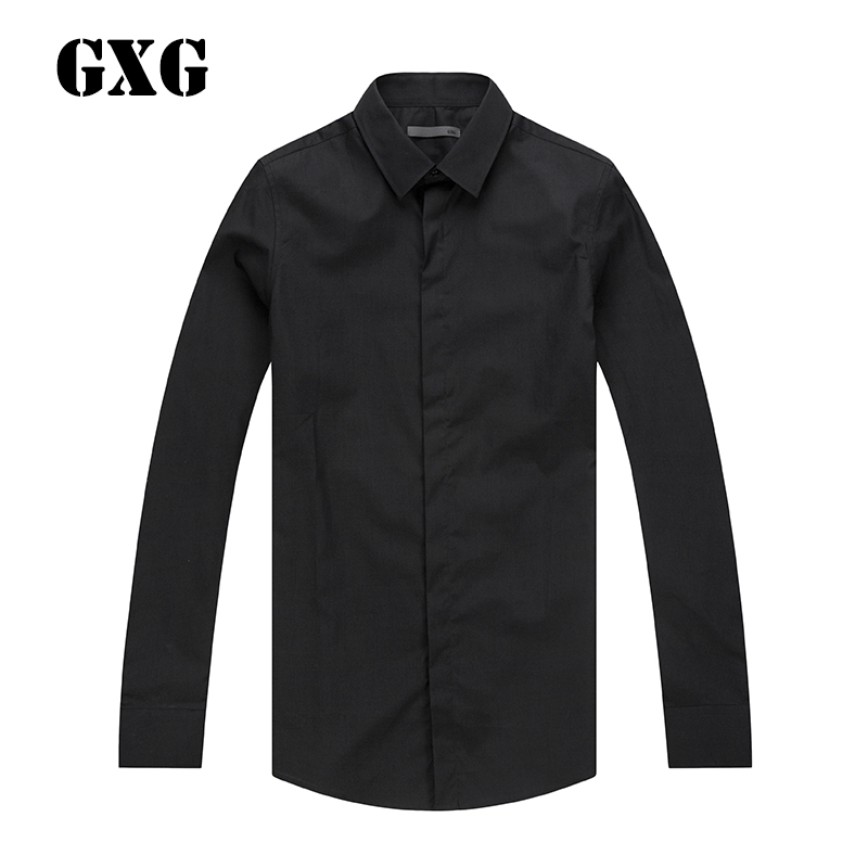 GXG长袖衬衫男装春季商都市时尚男士休闲黑色修身衬衫_1
