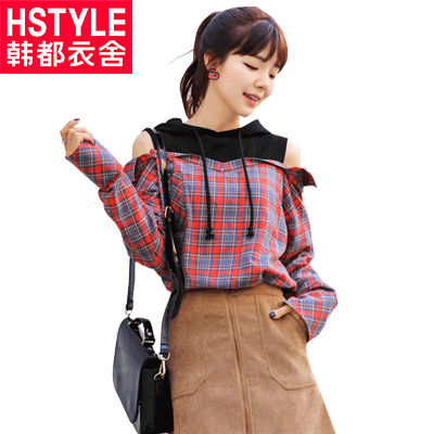 韩都衣舍2018新款女装春装韩版拼接露肩假两件格子衬衫聖