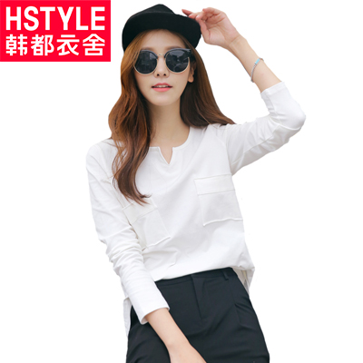 韩都衣舍2018新款女装秋装韩版V领宽松纯色百搭长袖T恤樰