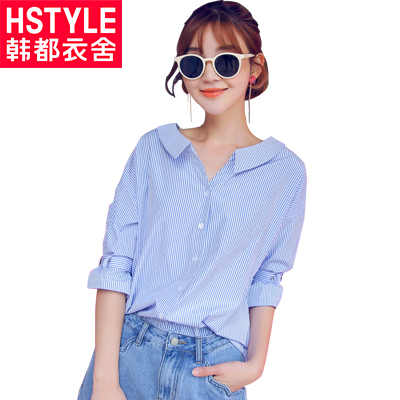 韩都衣舍2018新款女装夏装韩版露背系带条纹七分袖衬衫女魭