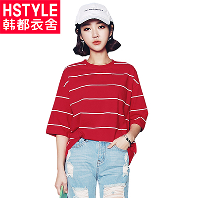 韩都衣舍2018春装新款宽松上衣女装条纹短袖显瘦韩版T恤僥