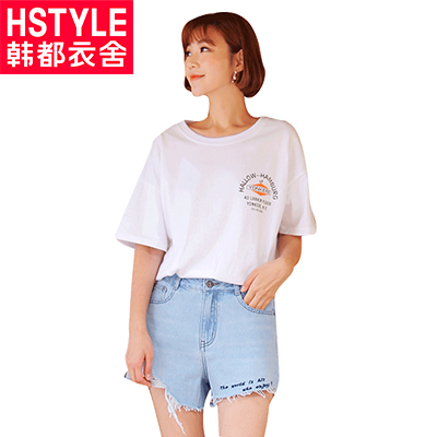 韩都衣舍2018韩版女装夏装新款宽松显瘦中长印花短袖T恤婋