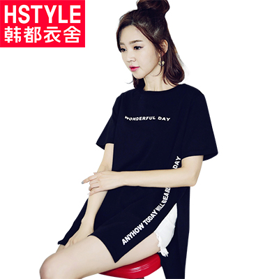 韩都衣舍2018夏装新款女装韩版棉宽松中长款字母印花T恤NJ6833翝