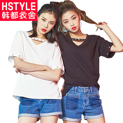 韩都衣舍2018韩版女装夏装新款学生潮V领宽松打底短袖T恤JW6998筱