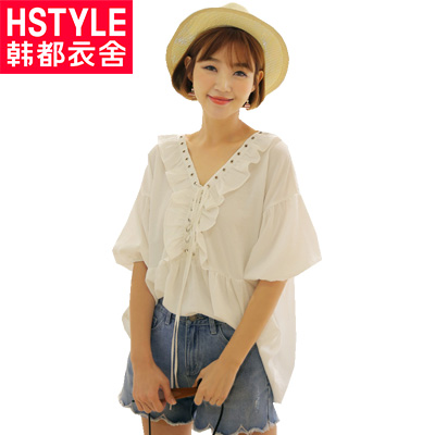 韩都衣舍2018韩版女夏装新五分袖上衣灯笼袖宽松雪纺衫GS8602.緈