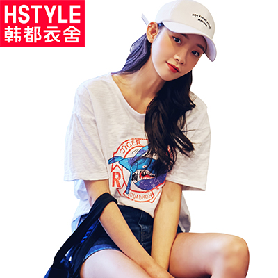 韩都衣舍2018夏装新款女装韩版宽松卡通印花圆领短袖T恤KY0430湲