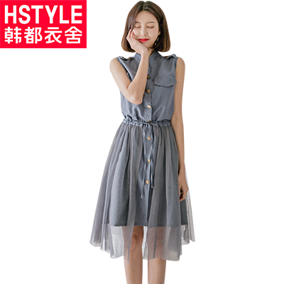 韩都衣舍2018夏装新款女装韩版网纱无袖两件套连衣裙女IG8085僥