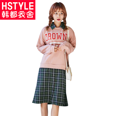 韩都衣舍2018新款女装春装韩版假两件拼接印花长袖连衣裙DU8047樱