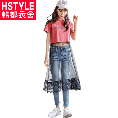 韩都衣舍2018夏装新款女装韩版网纱假两件印花短袖连衣裙IG8100僥