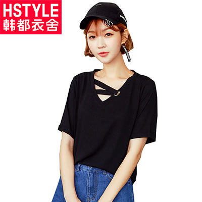 韩都衣舍2018夏装韩版女装新款纯色绑带内搭显瘦短袖T恤TK9544婏