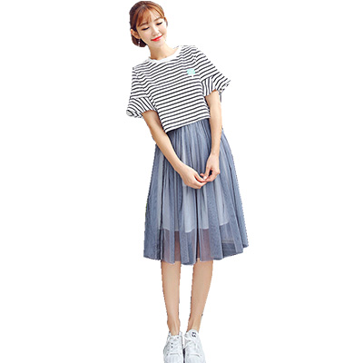 韩都衣舍2018韩版女装夏装新款显瘦网纱两件套条纹连衣裙JN7482埕