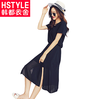 韩都衣舍2018新款女装夏装韩版收腰显瘦短袖中长款连衣裙RW7903瑒