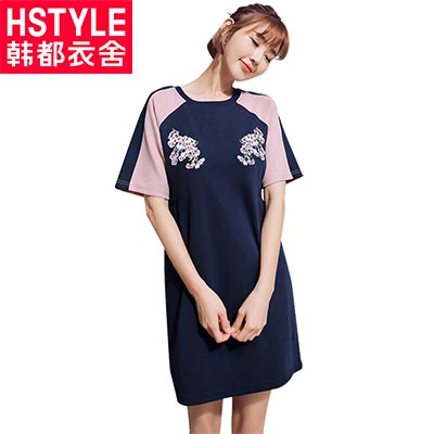 韩都衣舍2018韩版女装夏装新款圆领刺绣拼接撞色连衣裙EK8206囡