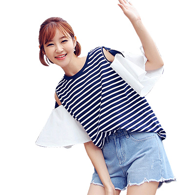 韩都衣舍2018韩版女装夏装新款宽松打底上衣条纹短袖T恤NW7992棽