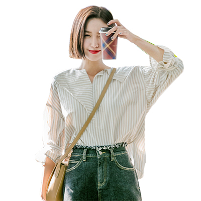 韩都衣舍2018夏装新款女装韩版宽松时尚荷叶边条纹衬衫MY8802沐