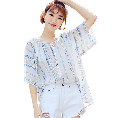 韩都衣舍2018韩版女夏装新款宽松显瘦碎花V领短袖雪纺衫NH9195煜