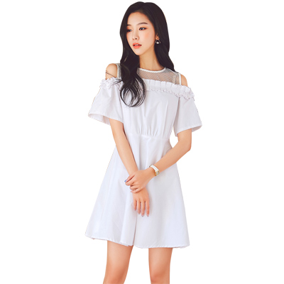 韩都衣舍2018夏装新款女装韩版A字收腰显瘦露肩连衣裙女IG8087僥