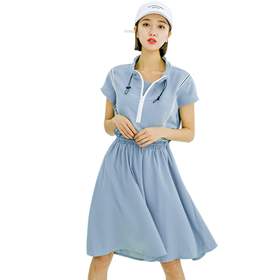 韩都衣舍2018夏装新款韩版女装立领拼接收腰短袖连衣裙MR7673汩