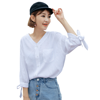 韩都衣舍2018韩版女装夏装新款V领刺绣系带宽松显瘦衬衫PC7959晽