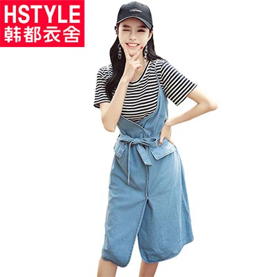 韩都衣舍2018韩版女装夏装新款条纹牛仔短袖两件套连衣裙EK8149囡
