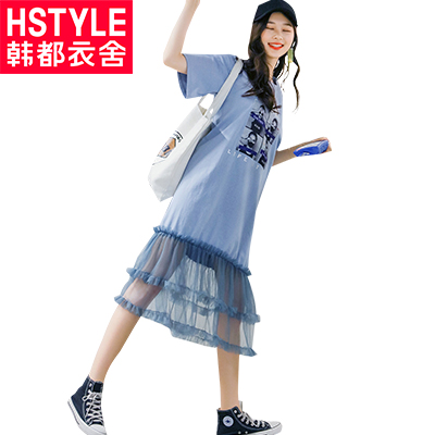 韩都衣舍2018韩版女装夏装新网纱拼接宽松印花圆领连衣裙YQ7792瑒
