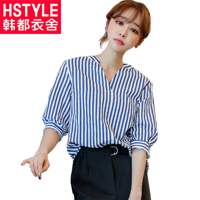 韩都衣舍2018韩版新款女装夏装宽松休闲上衣条纹V领衬衫YK8831鲲