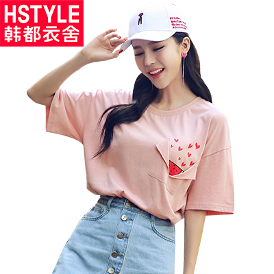 韩都衣舍2018夏装新款女装韩版学生宽松印花圆领短袖T恤KY0308湲