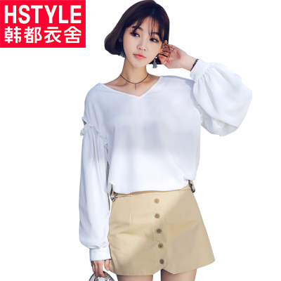 韩都衣舍2018新款女春装韩版纯色显瘦系带灯笼袖衬衫女HO8640魭