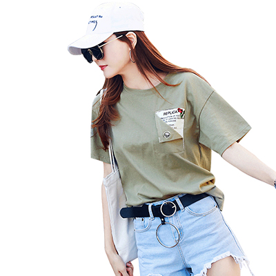 韩都衣舍2018夏装新款女装韩版宽松印花圆领打底短袖T恤NW9836棽