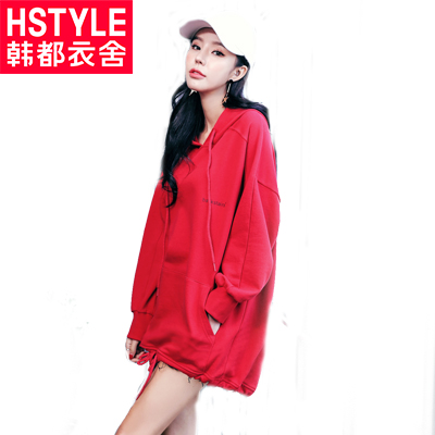 韩都衣舍2018新款女装春装韩版连帽系带印花长袖连衣裙DU8145樱