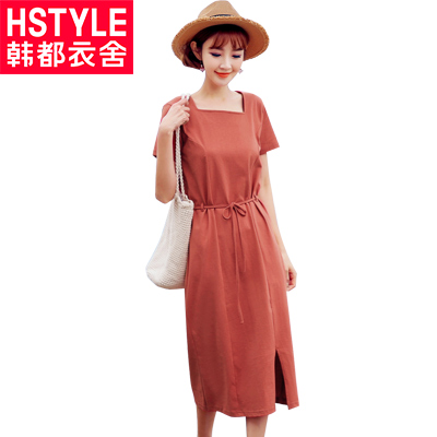 韩都衣舍2018夏装新款女装韩版方领短袖中长款连衣裙LZ7699烎