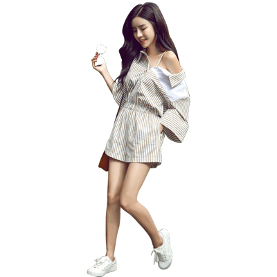 韩都衣舍2018夏装新款女装韩版竖条纹高腰连体裤休闲短裤JM8594蒖