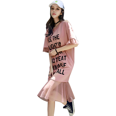 韩都衣舍2018夏装新款女装韩版网纱拼接印花短袖连衣裙LZ7570烎