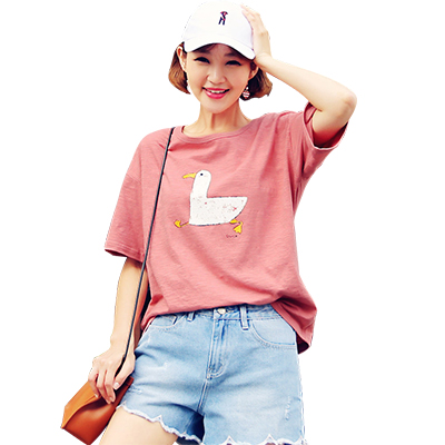 韩都衣舍2018夏装新款女装韩版学生宽松印花圆领短袖T恤KY0479.湲