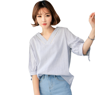 韩都衣舍2018夏装新款女装韩版宽松V领系带条纹衬衫女HO8973魭