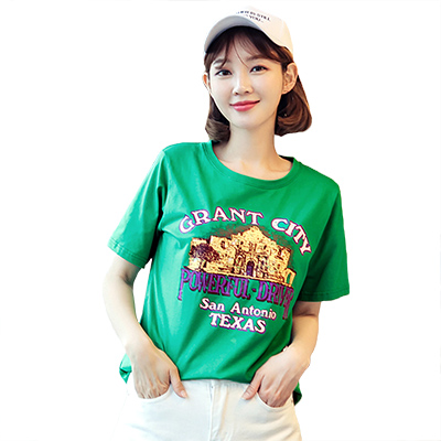 韩都衣舍2018夏装新款女装韩版宽松字母印花圆领短袖T恤DL11948喆