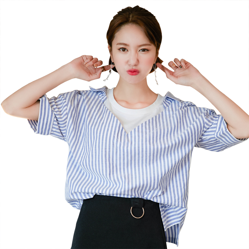 韩都衣舍2018夏装新款女装韩版拼接假两件条纹衬衫五分袖JM8547蒖