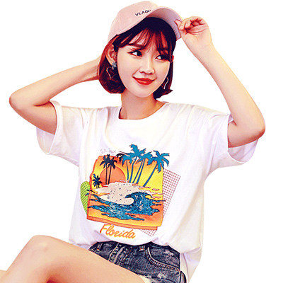 韩都衣舍2018夏装新款韩版女装印花显瘦圆领学生短袖T恤TK1981婏