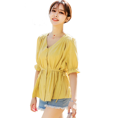 韩都衣舍2018新款女装夏装韩版收腰系带宽松v领衬衫GD00056聖