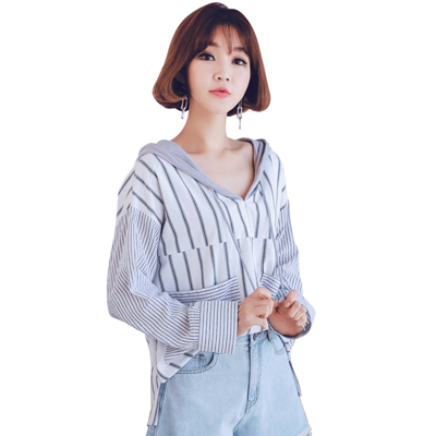 韩都衣舍2018新款女装春装韩版宽松连帽条纹长袖衬衫JM8096蒖