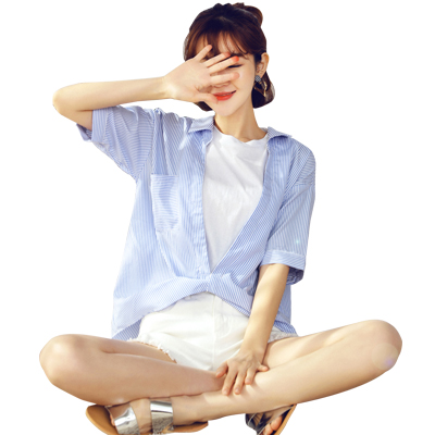 韩都衣舍2018夏装新款女装韩版拼接假两件条纹衬衫女HO9036魭