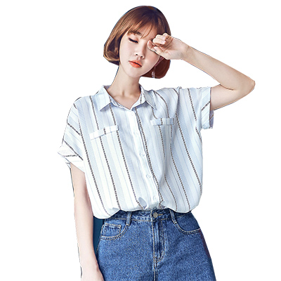 韩都衣舍2018夏装新款女装韩版雪纺条纹宽松短袖衬衫OMY9179沐