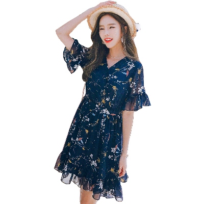 韩都衣舍2018夏装新款韩版女装温柔荷叶边碎花雪纺连衣裙MR7914汩