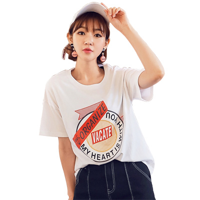韩都衣舍2018新款女装夏装韩版印花宽松纯棉上衣短袖T恤OU1066堯
