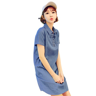 韩都衣舍2018韩版女装夏装潮系带牛仔A字chic显瘦连衣裙EK8077囡