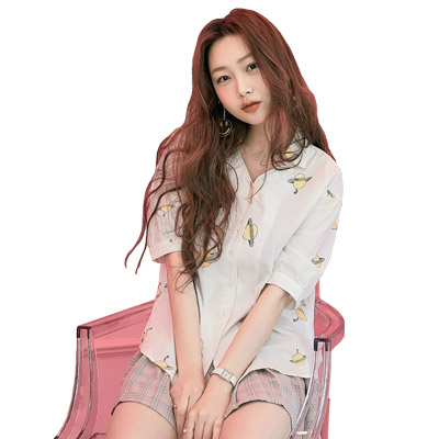 韩都衣舍2018新款女装夏装韩版宽松衬衣学生上衣V领衬衫YK8475鲲