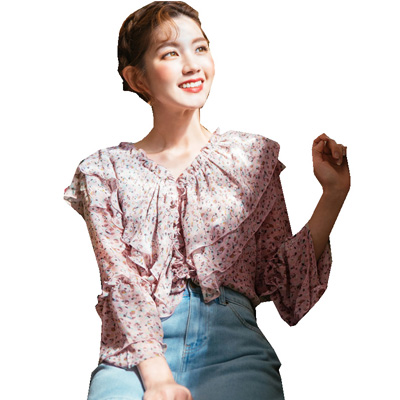 韩都衣舍2018新款女装夏装韩版显瘦印花荷叶袖雪纺衫GS9711緈