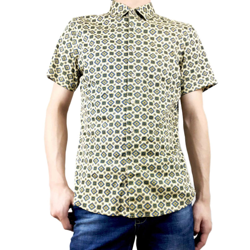 兰格维尔2018夏季男士短袖衬衫青年时尚印花衬衣休闲丝光棉上衣6117