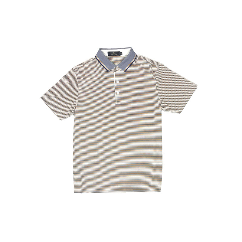 兰格维尔正品2018夏男士短袖T恤含桑蚕丝翻领条纹休闲男装T9713